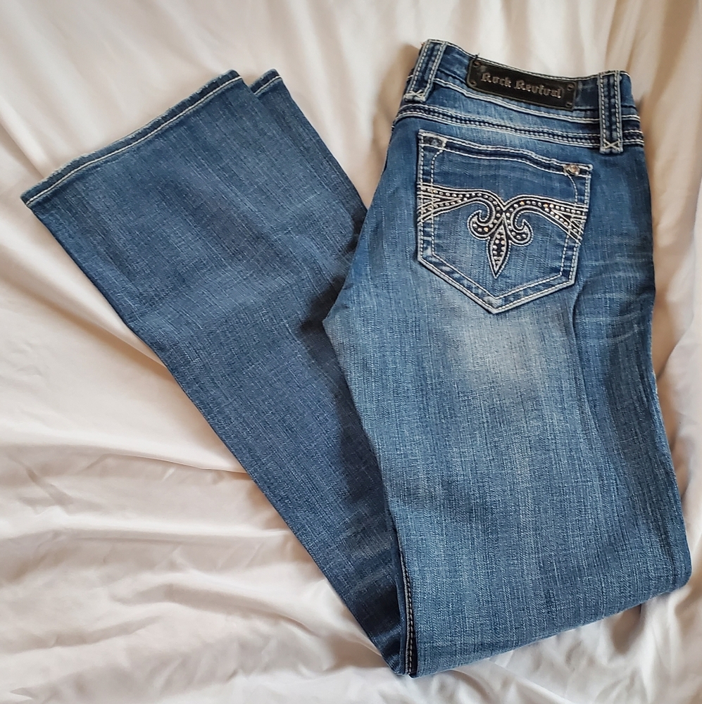 Rock Revival Blake Women's Distressed Boot Cut Jeans, Size 31 Rhinestones